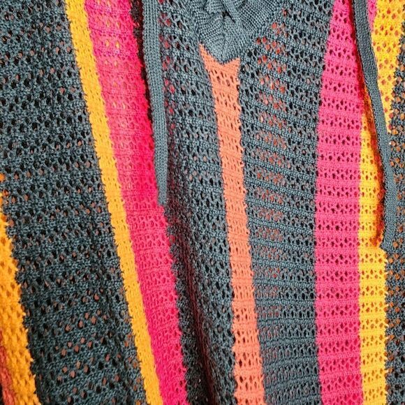 4X 26W Torrid Green Yellow Stripe Open Stitch Pullover Sweater Pocket Fringe lon - Picture 5 of 10